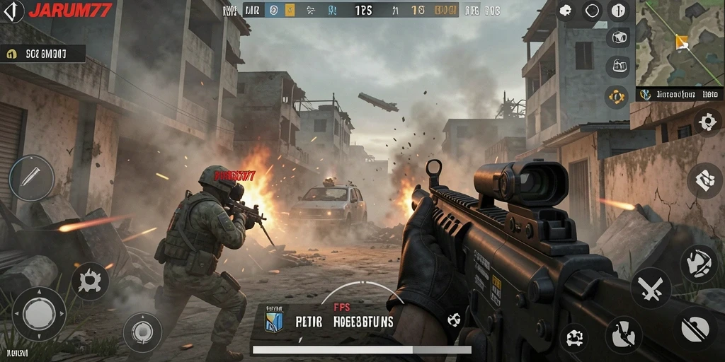 Screenshot gameplay menunjukkan aksi tembak-menembak yang mendebarkan di JARUM77.